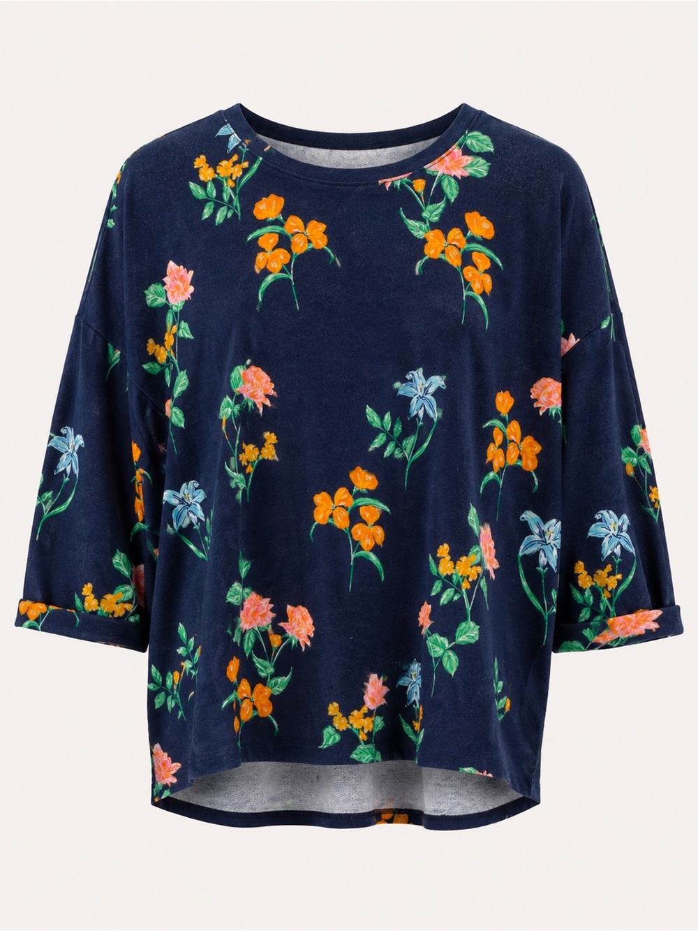 Crown & Ivy Navy Floral 3/4 Sleeve Top Women’s XS Casual Boho Cottagecore